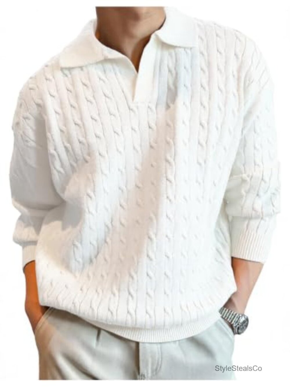 Men's Wool Blend Cable Knit Pullover Sweater Open Collar Ribbed Trim